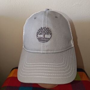 Timberland Embroidered Logo Trucker Mesh Gray White Snapback Hat Cap OSFM
